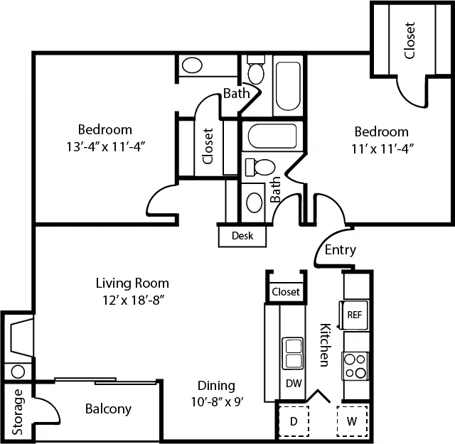 2 Beds • 2 Bath 107 floor plan